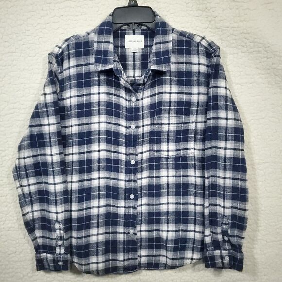 American Eagle Women's Boyfriend Fit Flannel Shirt - Size Small - Blue/White - Picture 1 of 16